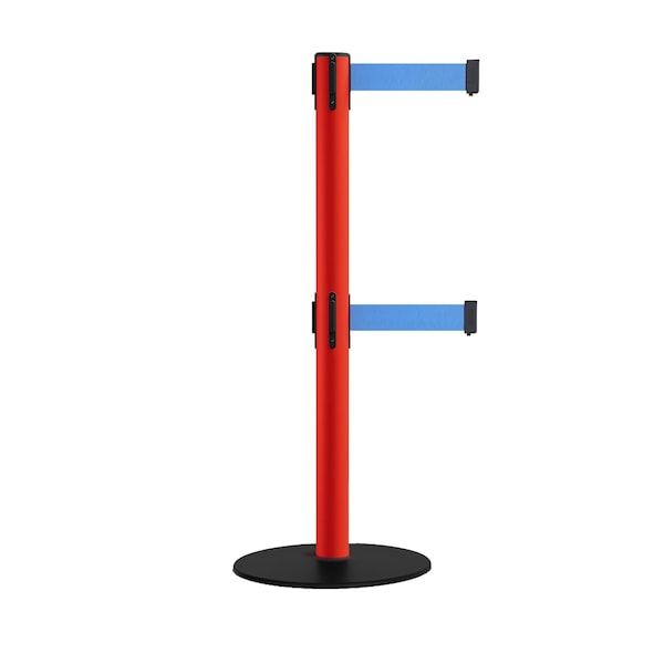 Montour Line Retractable Dbl Belt 2.5" Red Post , Low Base, 9' Lt Blu Belt S400D-RD-LBL-90 - main